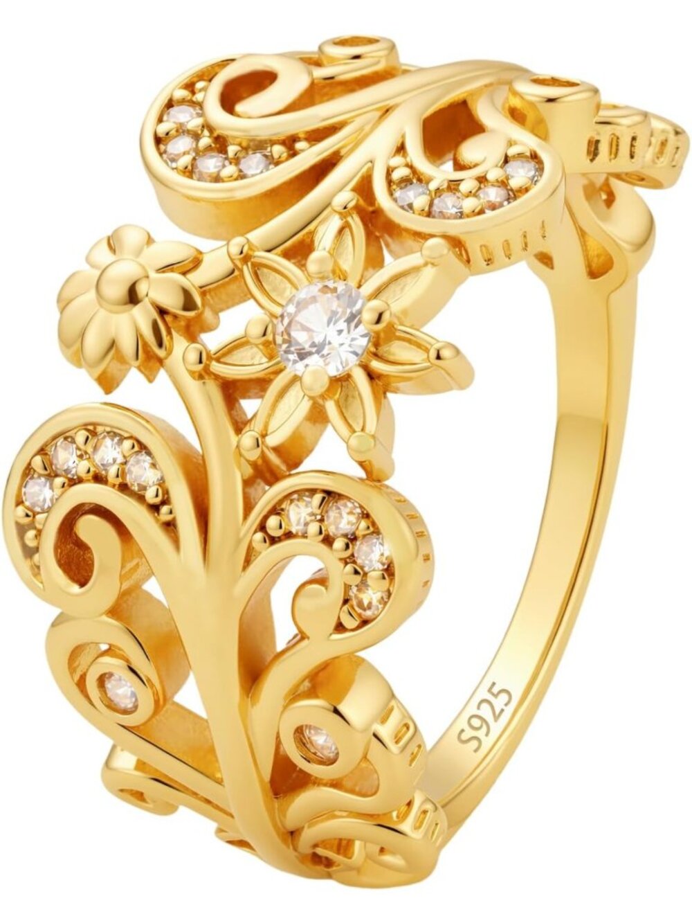 Vintage Floral Filigree 14K Gold Plated CZ Rings for Women, Size 6-10, Elegant